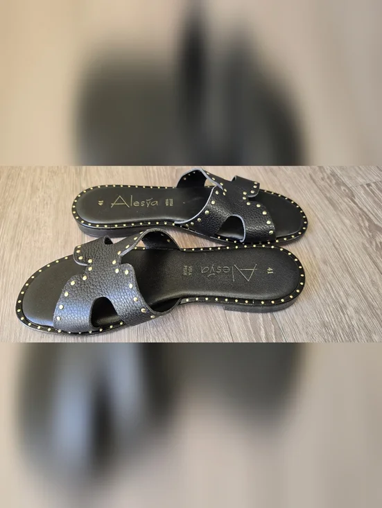 Italian Leather Studded Slide Sandals Black Minimal Luxe EU 41 US 10 - Picture 7 of 9